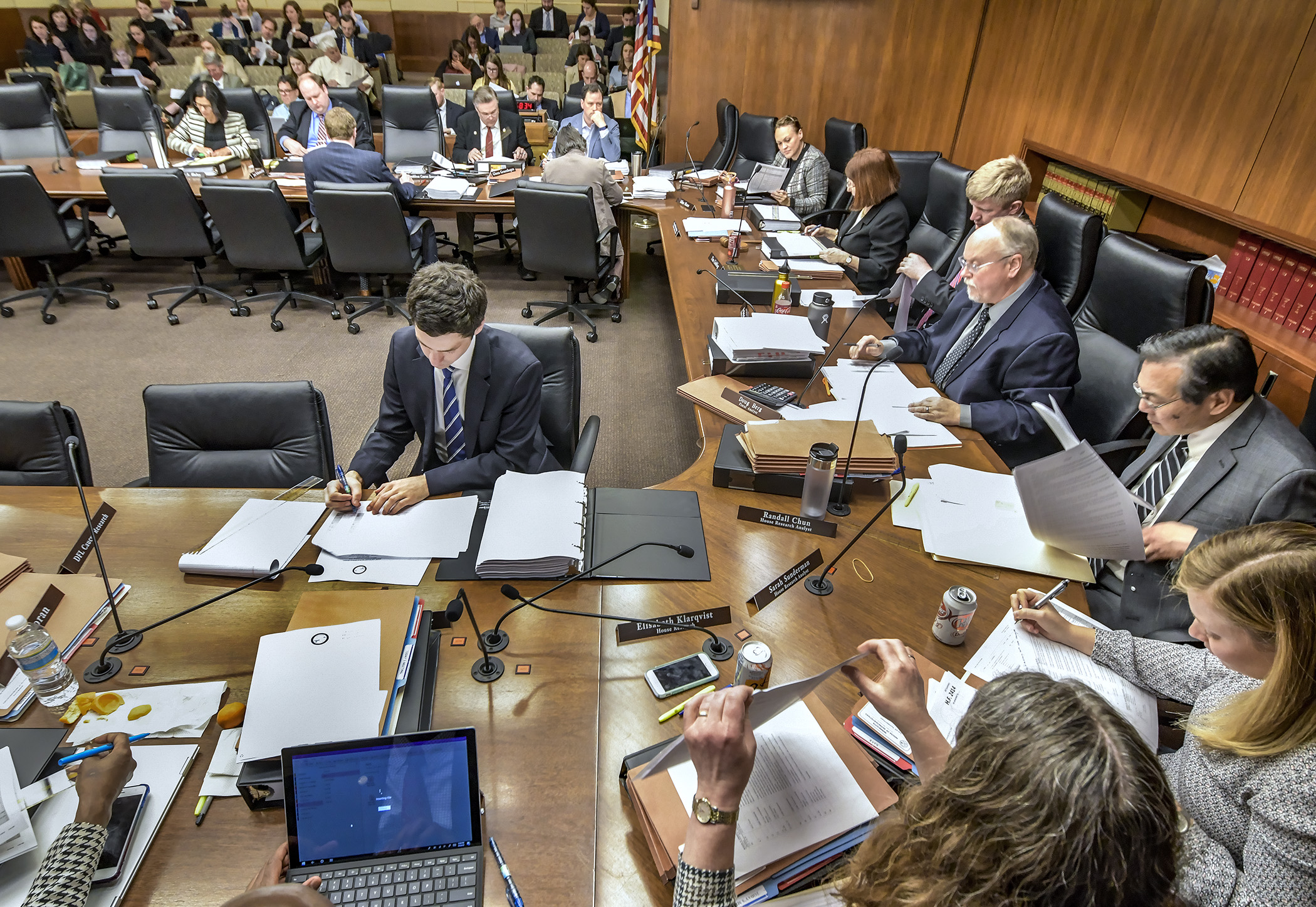 The House Health and Human Services Finance Division listens to a nonpartisan staff walk-through of its omnibus finance bill April 2. Photo by Andrew VonBank